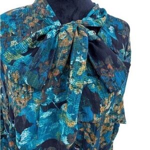 Teal & Navy Floral Tie-Neck Blouse
